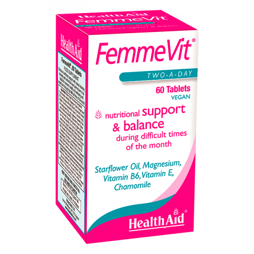 Health Aid FemmeVit PMS (Vit B6, Vit E, Chamomile++), 60 capsules