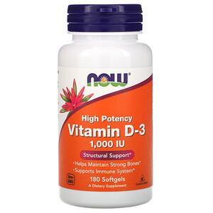Now Vitamin D-3 High Potency 1,000 IU, 180 Softgels Now Vitamin D-3 High Potency 1,000 IU, 180 Softgels